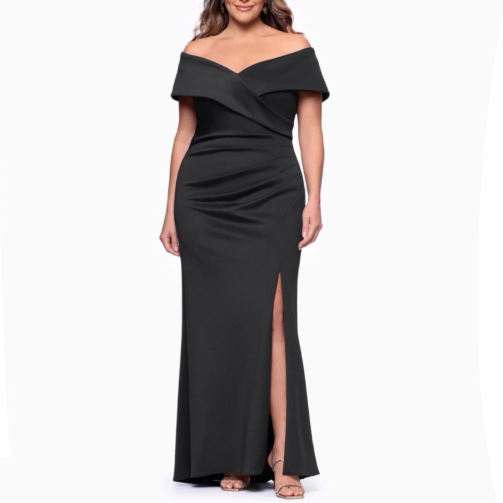 Xscape Black Off The Shoulder Skye Techno Scuba Cocktail Gown Womens Size 16W